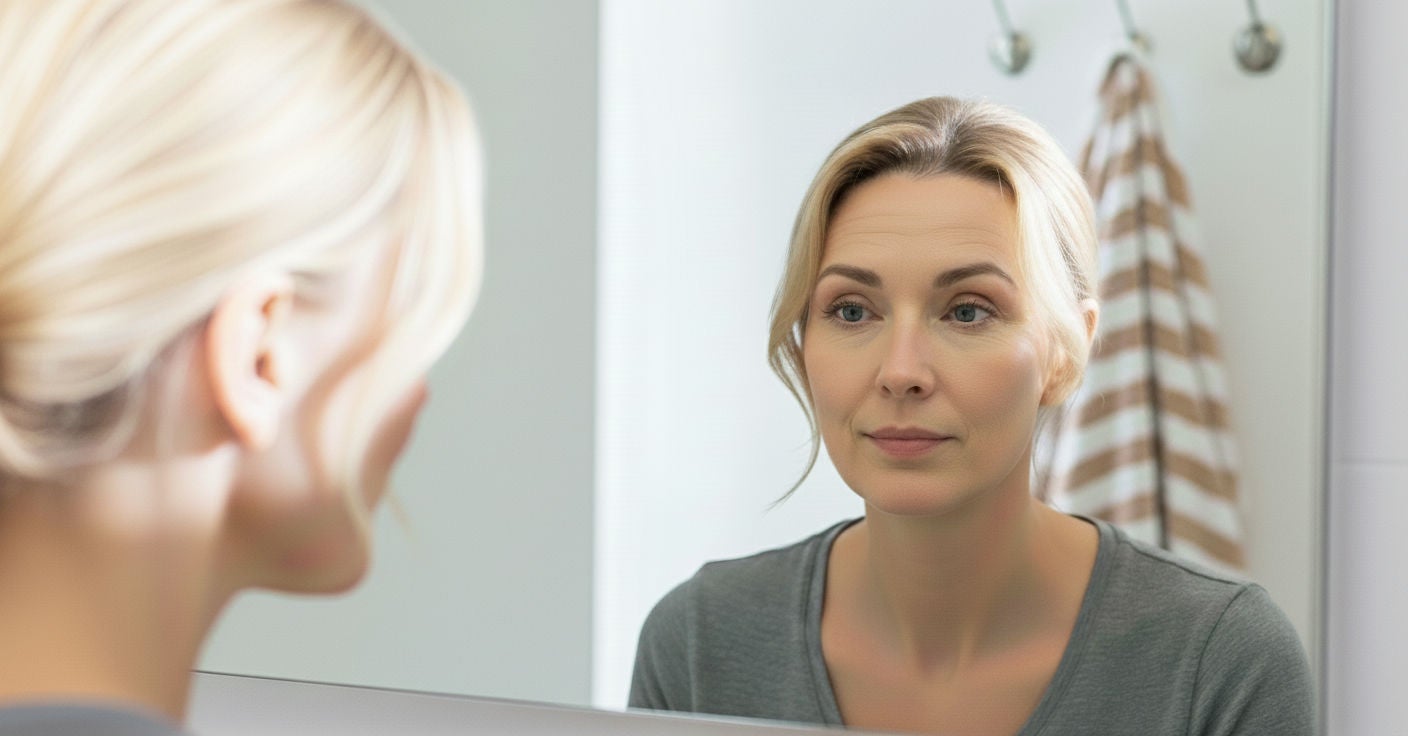 blonde woman looking in