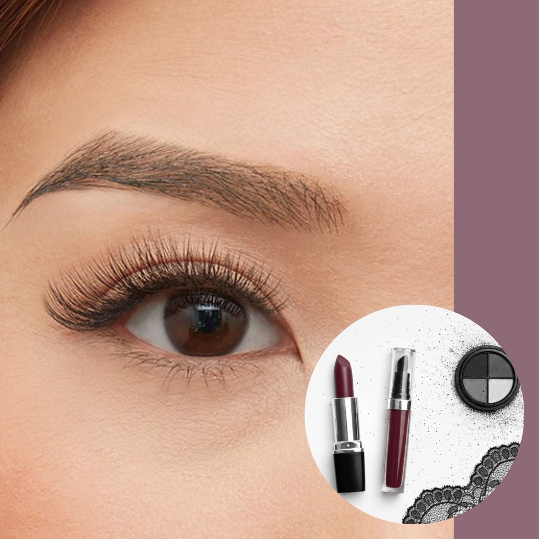 Asian woman's lashes and array of makeup